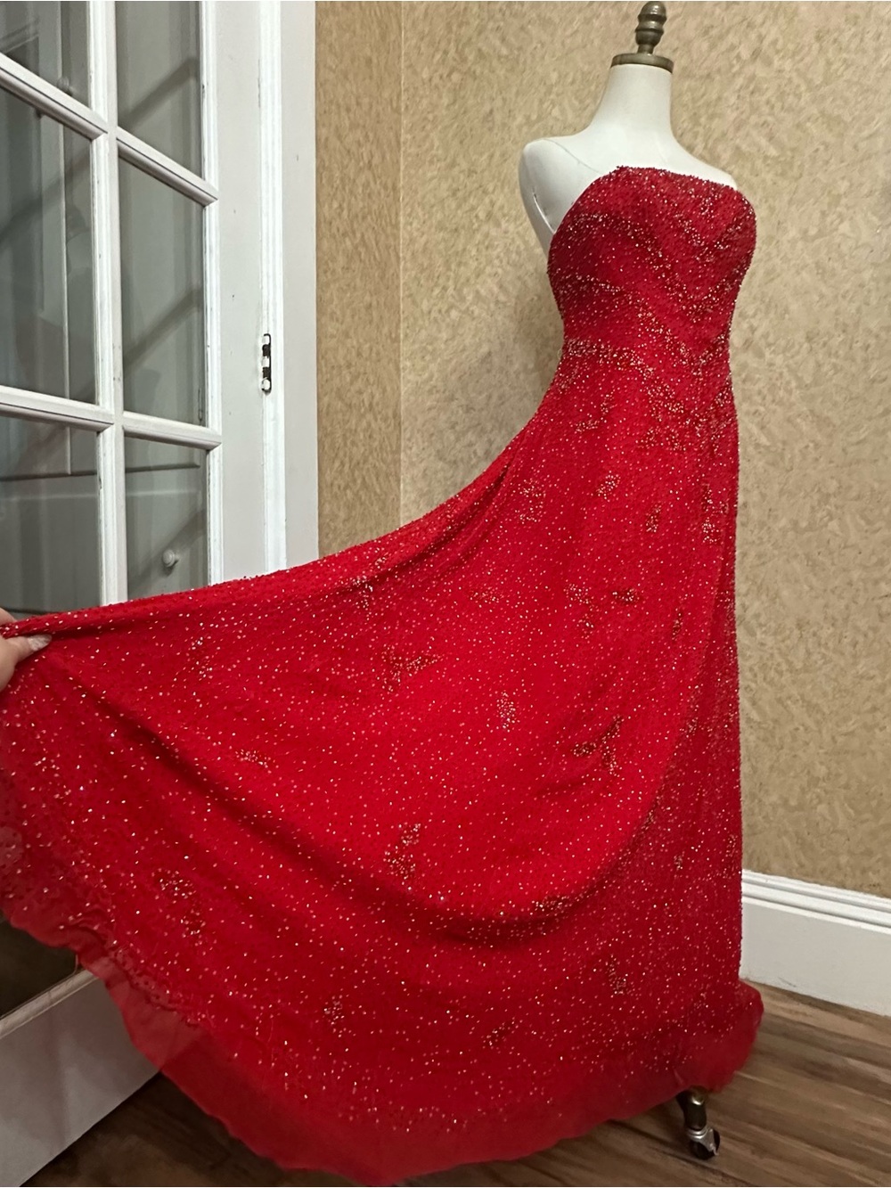 VTG Y2K 2000s Beaded Sequin Silk Strapless Red Corset Prom Dress Gown